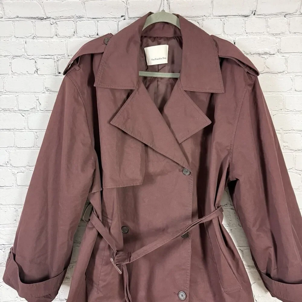 The Frankie Shop Lisburn Short Trench Coat Belted in Burgundy One Size O/S - Picture 6 of 15